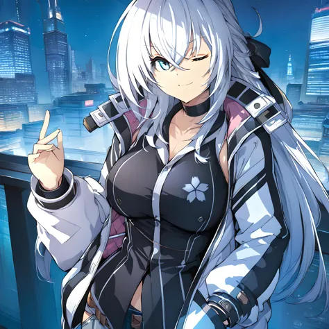 (masterpiece),(best quality),(ultra-detailed),(best illustration),(best shadow),(absurdres),(detailed background),(very aesthetic), shizuna rem misurugi, 1girl, one eye closed, solo, blue eyes, long hair, smile, jacket, silver hair, hand in pocket, breasts, shirt, looking at viewer, kuro1, night city background<lora:XL-Shizunav1ALT:1>