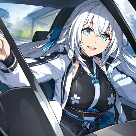 anime girl in a car with a blue and white hair