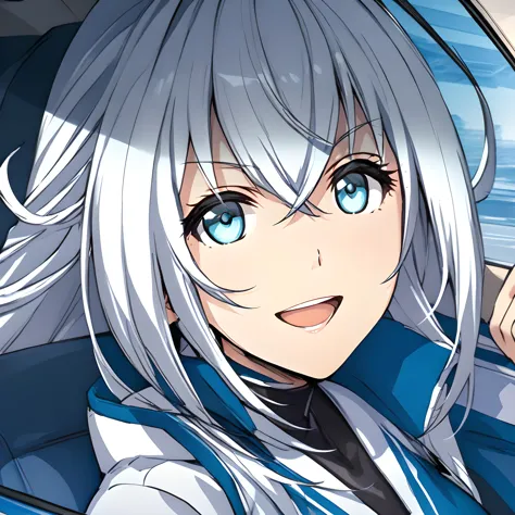 (masterpiece),(best quality),(ultra-detailed),(best illustration),(best shadow),(absurdres),(detailed background),(very aesthetic),shizuna rem misurugi, 1girl, car interior, steering wheel, long hair, solo, open mouth, breasts, seatbelt, driving, smile, silver hair, blue eyes, kuro1<lora:XL-Shizunav1ALT:1>