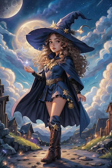 masterpiece, best quality, Close-up, 1girl, solo, fantasy, night sky, outdoors, magic, spells, moon, stars, clouds, wind, hair, ...