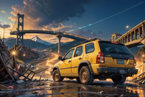 (dynamic camera:1.3),masterpiece,  yellow colored car Mitsubishi on collapsed bridge, twisted metal, gaping chasms, severed tran...