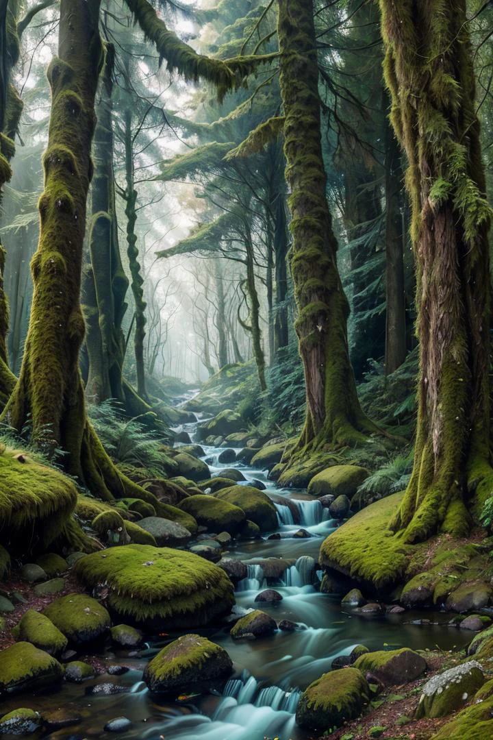 神秘森林: 沉浸在蘇格蘭斯凱島魔法森林的神秘之美中, 苔蘚覆蓋的樹木和空靈的氣氛, 原始照片, 全銳利, (全高清史詩桌布) 8k超高清, 單眼相機, 柔和的燈光, 高品質, 膠片顆粒, 富士XT3