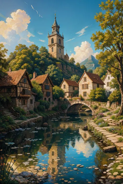 superbe paysage de village européen du XVIIe siècle, environnement détaillé et complexe, peinture à l&#39;huile, coups de pinceau doux au couteau à palette, coups lourds, peinture qui coule, station d&#39;art à la mode, netteté, détails complexes, très détaillé, photo brute, plein de netteté, (Fond d&#39;écran épique FullHD) 8k euh, Reflex numérique, éclairage doux, Haute qualité, grain de film, Fujifilm XT3