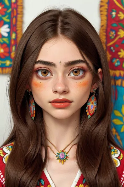 (folk art style, vibrant, patterned, cultural, highly detailed:1.2) OliviaChristie, focus on eyes, close up on face, wearing jewelry, hair styled long bob hair, soft focus,