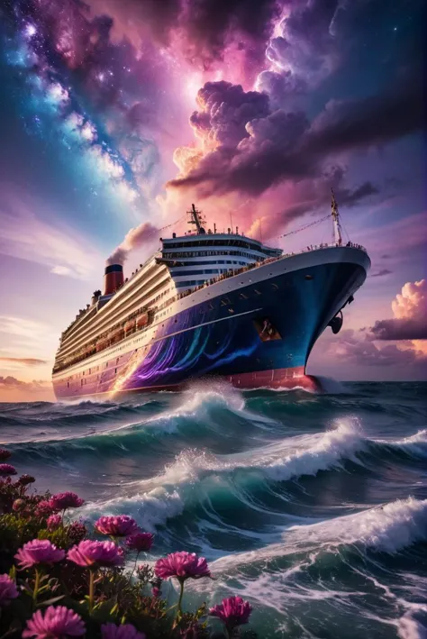 RAW Photography,Hyperrealistic ship liner in the ocean waves detailed with blooming flowers, ethereal cloud animals with shimmering outlines, passengers gazing in awe, vast sky with swirling galaxies, cosmic colors (purples, blues, pinks), dramatic lighting, mystical atmosphere, (sharpness in detail:1.1), Canon EOS 5D Mark IV, masterpiece, 35mm photograph, (iconic photograph:1.4), (visual storytelling:1.2), film grain, award winning photography,vibrant use of light and shadow, vivid colors,high quality textures of materials, volumetric textures  perfect composition, dynamic play of light, rich colors, epic shot, perfectly quality, natural textures,high detail, high sharpness, high clarity, detailed ,photoshadow,  intricate details, 8k