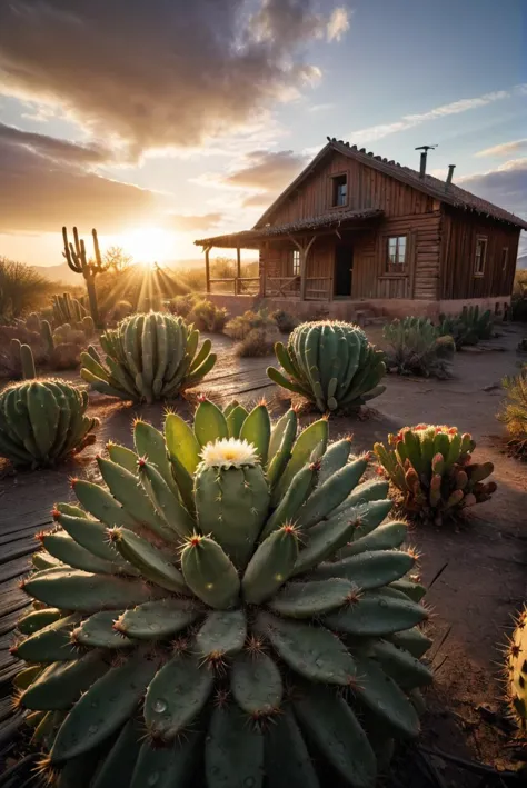 RAW Photography,a cactus field,autumn old wooden village house, wind, wide angle,dew drops,sunrise,clouds,, (sharpness in detail:1.1), Canon EOS 5D Mark IV, masterpiece, 35mm photograph, (iconic photograph:1.4), (visual storytelling:1.2), film grain, award winning photography,vibrant use of light and shadow, vivid colors,high quality textures of materials, volumetric textures  perfect composition, dynamic play of light, rich colors, epic shot, perfectly quality, natural textures,high detail, high sharpness, high clarity, detailed ,photoshadow,  intricate details, 8k