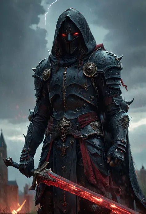 見事な, 複雑な中世の黒い HK スタイルの鎧と壮大な黒い装飾のマスクを身に着けている誇り高き悪魔のような筋肉質の男性戦士の非常に詳細なダーク ファンタジー全身イラスト, 深紅に輝く大きな剣を持っている, 赤く暗い目, , 大きなガントレットを着けている, 壮大な構成. 霧が立ち込める嵐の中、戦士はなびく外套と黒いフードをまとって勇敢に立っている。, 背景に雷雲 . この場面は、彼が思い悩んでいる様子を描いている。 , グレッグ・ルトコウスキーによるスタイル, ミロ・マナラとラス・ミルズ, 非常に複雑なディテールと質感, 暗いドラマチックな照明, 8K解像度. 