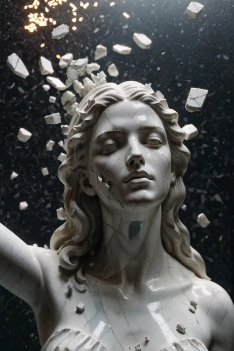 broken into pieces divine statue of a young woman made of marble, floating fragments, glitter, slow motion