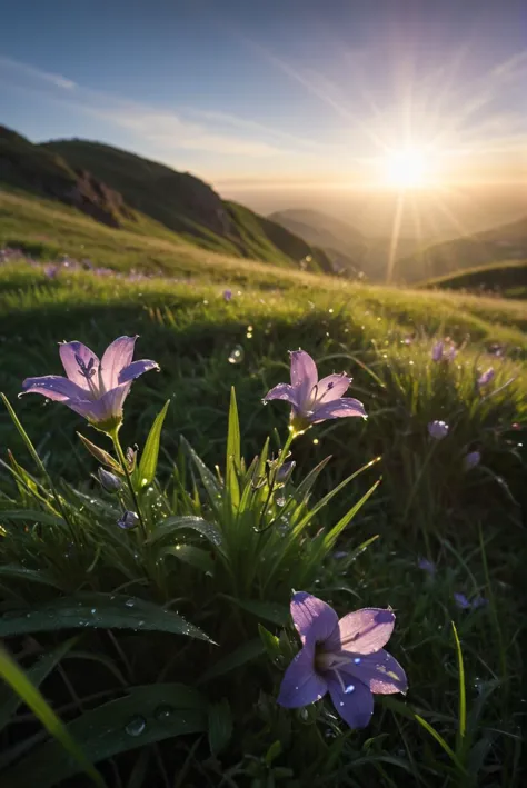 RAW Photography,hill, Bellflower flowers and grass, sunrise, sunrays, drops dew,clouds,lens flare, low wide angle, (sharpness in...