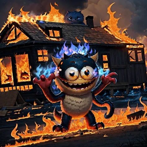 a photo of a cute monster looking at a burning house, dutch angle, googly eyes, full body, fullshot