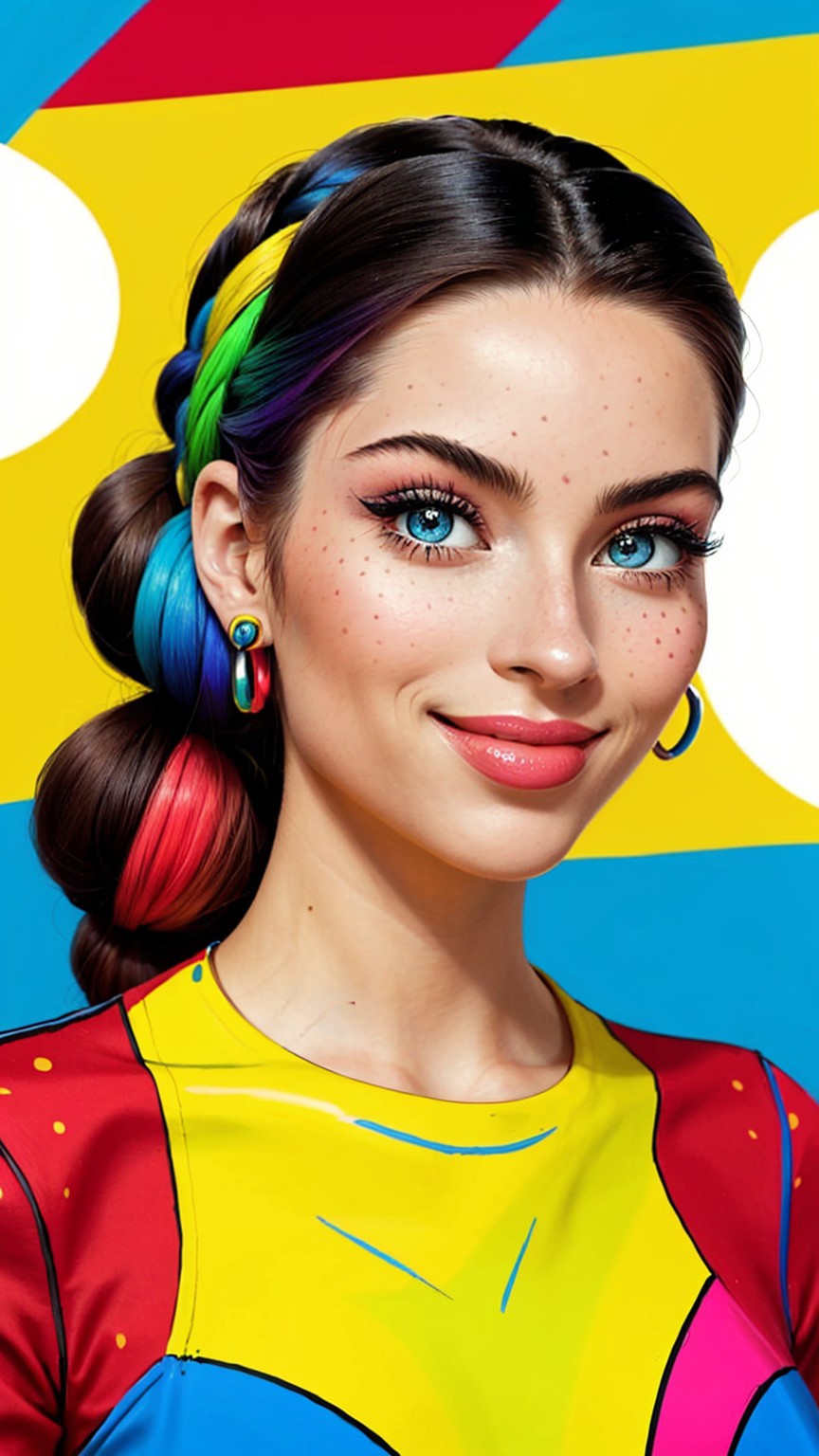 A close up of a woman with colorful hair and a blue top - SeaArt AI