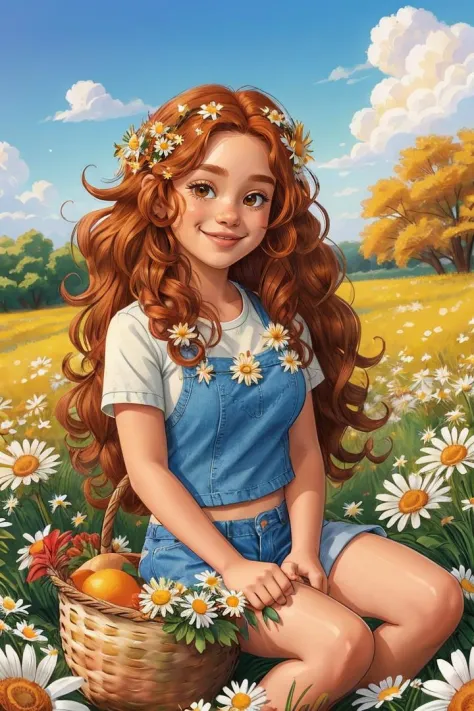 (소녀:1.2),홀로, (생강 곱슬 긴 머리:1.1), 갈색 눈, 그녀의 머리에 데이지 화환, 데이지 밭에 앉아, 웃다, (과일 바구니:1.1), 파란색 반바지, 빨간 셔츠