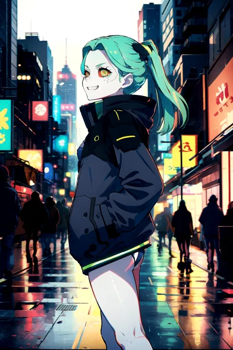 masterpiece, best quality, highres,  small figure, rebecca \(cyberpunk\), 1girl, (oversize jacket), mechanical eye, colored scle...