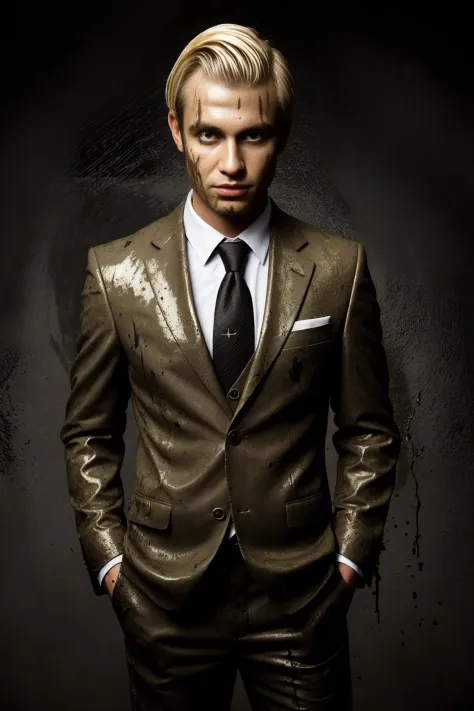 man, business suit, dark background, mud covered, blonde hair, upper body,
 <lora:CoveredWithStuff:0.6>