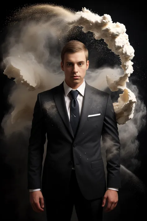 man, business suit, dark background, flour covered, flour dust,
 <lora:CoveredWithStuff:0.6>