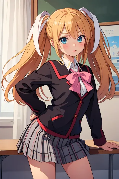 (masterpiece, best quality), 1girl,   tokido saya, twintails, hair ribbon, school uniform, jacket, pink bow, plaid skirt