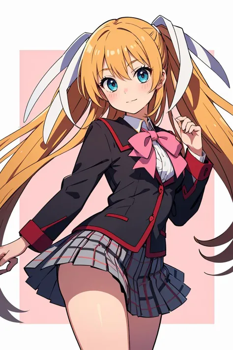 (masterpiece, best quality), 1girl,   <lora:littlebusters_tokido:0.8> tokido saya, twintails, hair ribbon, school uniform, jacket, pink bow, plaid skirt