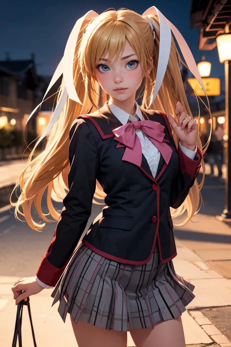 (masterpiece, best quality), 1girl,   tokido saya, twintails, hair ribbon, school uniform, jacket, pink bow, plaid skirt