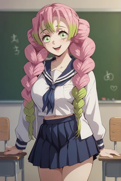 anime girl with pink hair and green eyes standing in front of a blackboard