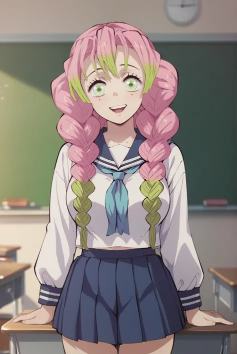 anime girl with pink hair and green eyes standing in front of a blackboard