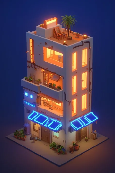 a small building with a neon sign on the top of it