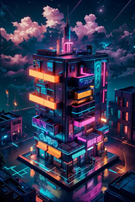 a futuristic city with neon lights and a tall building