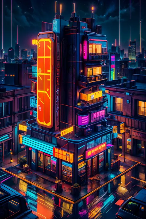 a neon city at night with a neon sign and buildings