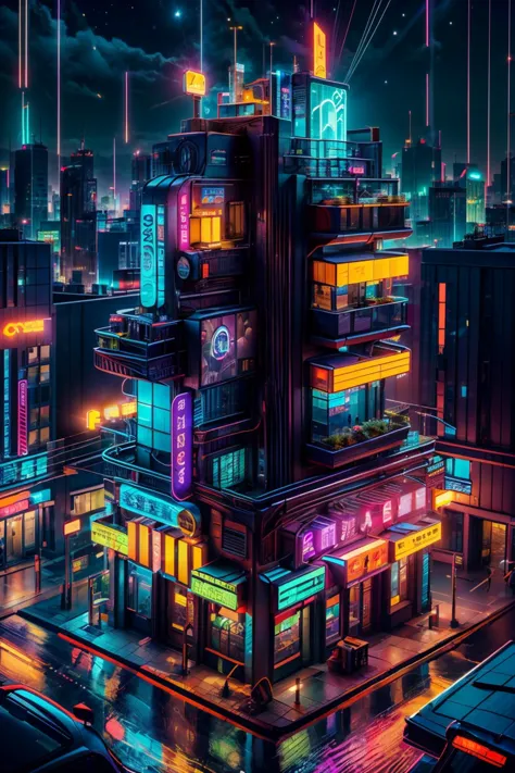 a city at night with neon lights and buildings