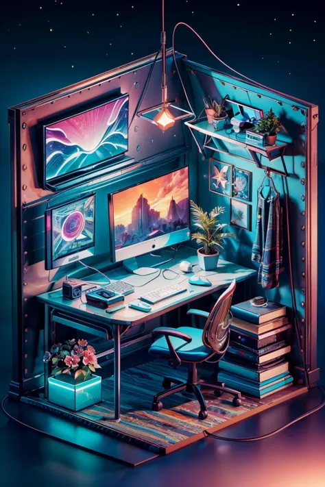 (ultra realistic,32k, masterpiece:1.2),(high detailed:1.1),( high quality:1.1), BREAK, <lora:IsometricNeon:0.8>,   from above,   IsometricNeon, indoors, gradient, book, gradient background, no humans, chair, plant, box, scenery, desk, lamp, controller, cable, computer, television, monitor, keyboard (computer), flower pot, mouse (computer), screen, platform,  BREAK,  blooming stars, luminescent, otherworldly fragrance blurry background, (<lora:add_detail:0.92>, (glowwave:1.1),