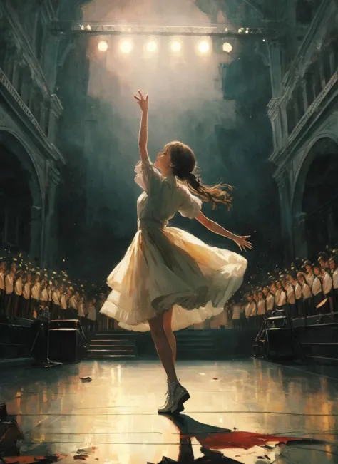 beautiful girl on a stage, singing and dancing and performing, (painterly, cinematic, atmospheric perspective)