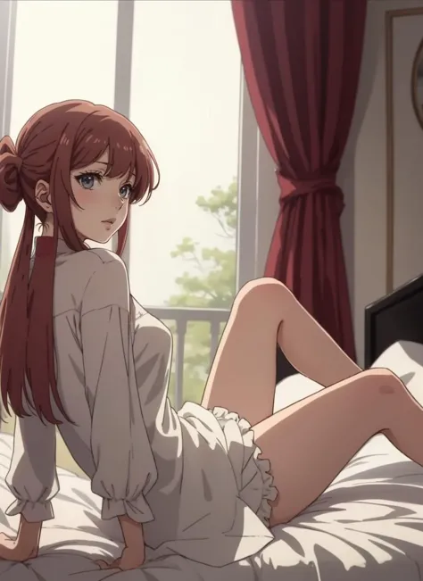 (anime screencap), cute woman lounging in a hotel, (playful artwork)