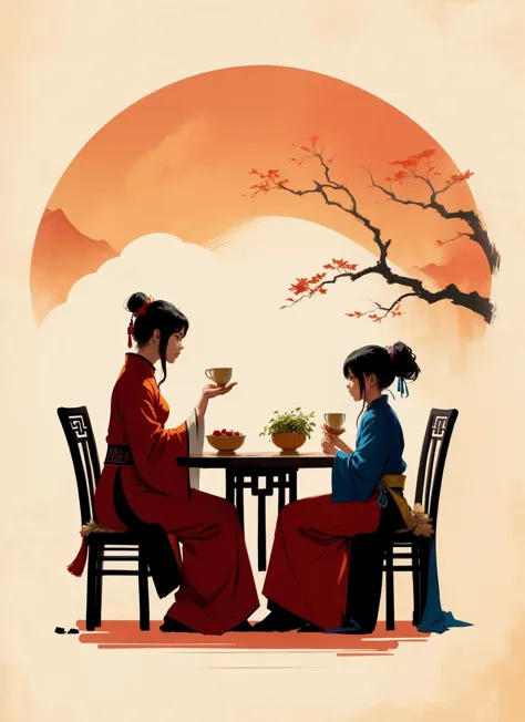 a couple of women sitting at a table with a bowl of food