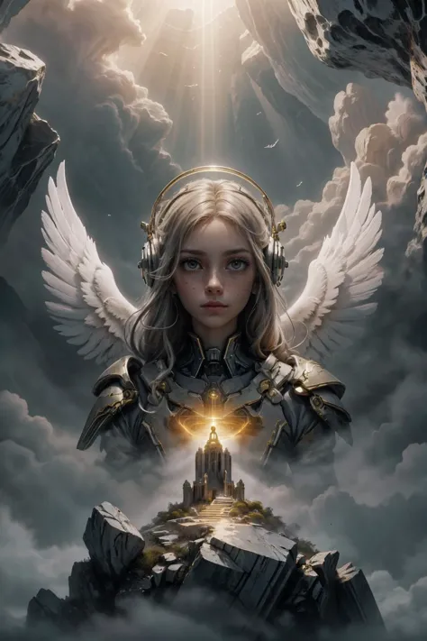 (masterpiece, best quality),  stylized digital art,  3DMM,
1 girl, adult polish woman, freckles, brown eyes, brown straight hair,
portrait, (bloody scars:0.7), looking down, solo, half shot, detailed background, (scifi, blessedtech theme:1.1), angelic face, divine fury,   cleric, dynamic pose, floating rocks, orange engraved plate armor, [halo:crown:0.4] hovering above head,   divine ray of light,  holy amulet, bright clouds,  reflections, dark cave, majestic atmosphere,  hair blowing in wind,
