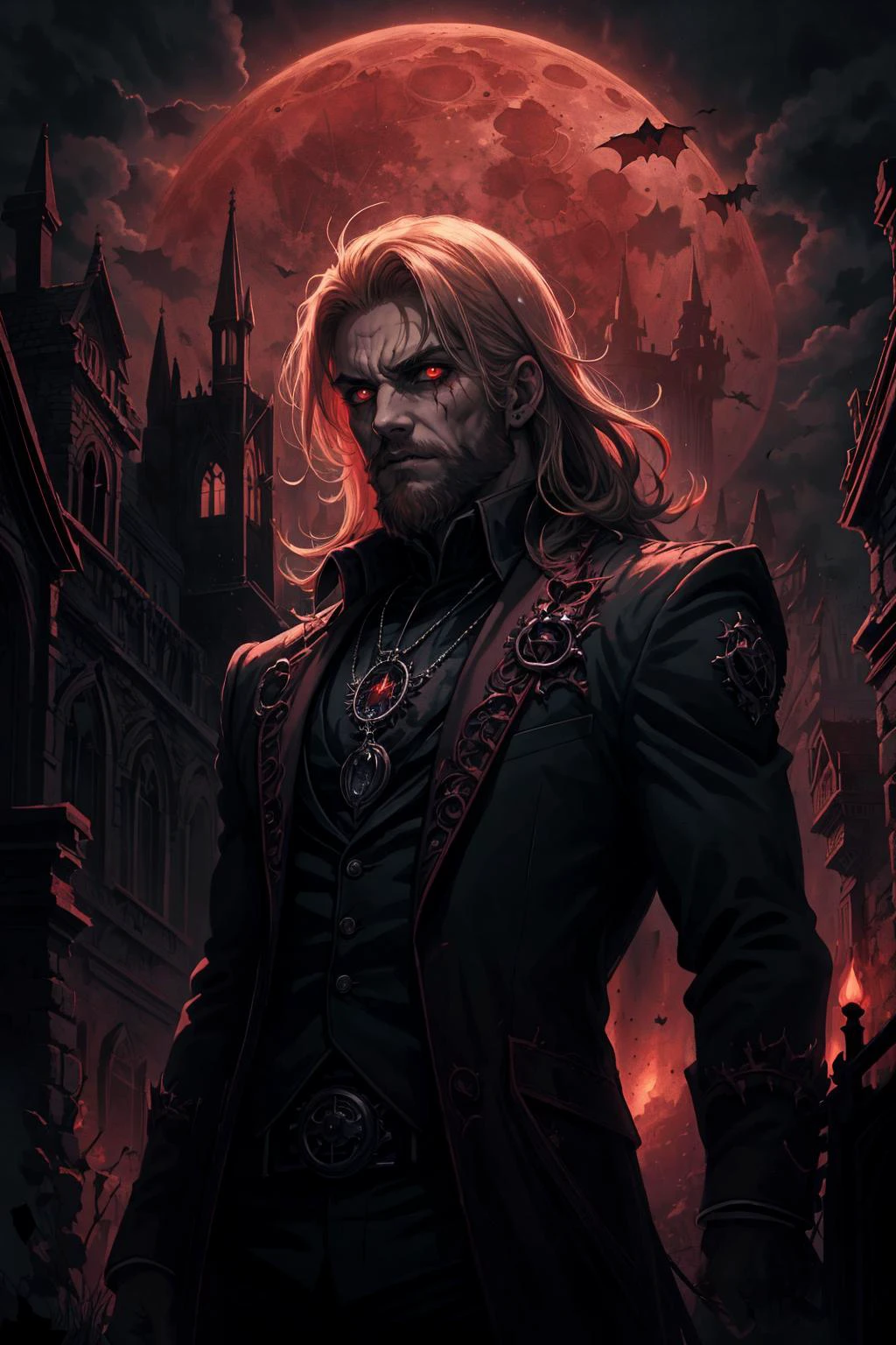 (masterpiece, best quality),  stylized digital art,  (1man, muscular adult welsh male:1.2),  red eyes, blonde hair, beard,
 portrait, solo, (full body:0.6), looking down, detailed background, detailed face, (gothichorrorai, gothic theme:1.1) vampire, glowing eyes, bloodthirsty, pale skin, vampire fangs, tattered [dark:light blue:5] clothes,   high collars, pendant, brooding, evil expression,   supernatural abilities,   red glow, bats in background,  ruins in background, red moon, dark clouds,  contrast,   mysterious atmosphere,
nardack, 