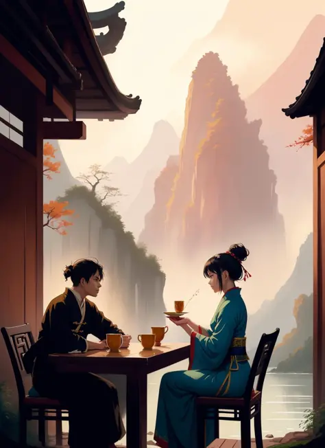 ancient china mythology, traditional style, greg rutkowski, bashful queen, isekai fantasy, wuxia genre, sitting at a table, (highly stylized artstyle), landscape <lora:minimalistAnimeStyle_v10:0.2>