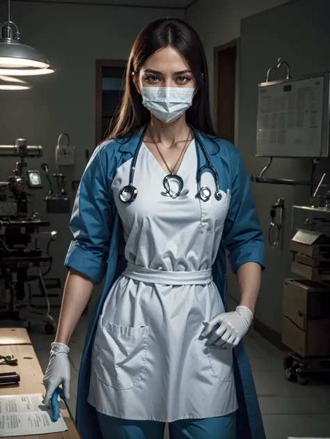 arafed woman in a medical gown and mask standing in a room