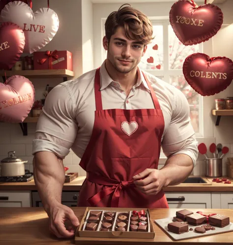 young man holding a box of valentine chocolates, young handsome face, apron with a frilly heart, soft smile, soft lighting, hearts and swirls floating in the background, red ribbons, kawaii