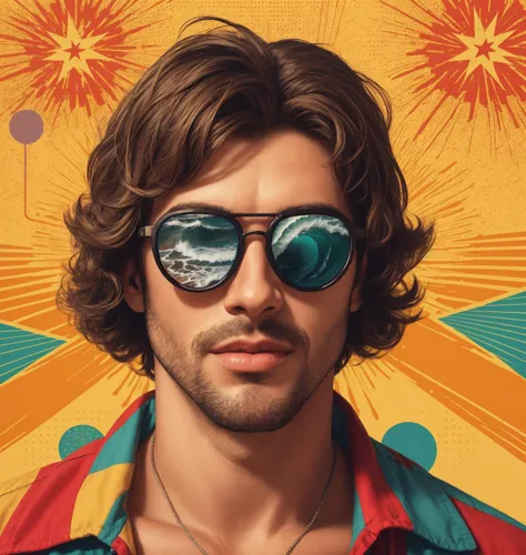 a man in retro sunglasses, pop art, spirals, pixilated, color starburst, film roll, professional photo 4k, high resolution, high detail, highly detailed