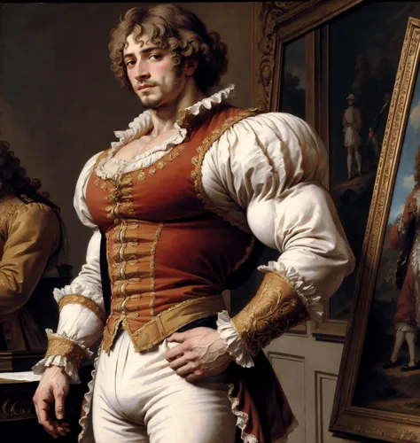 there is a man in a red and white outfit standing in front of a painting