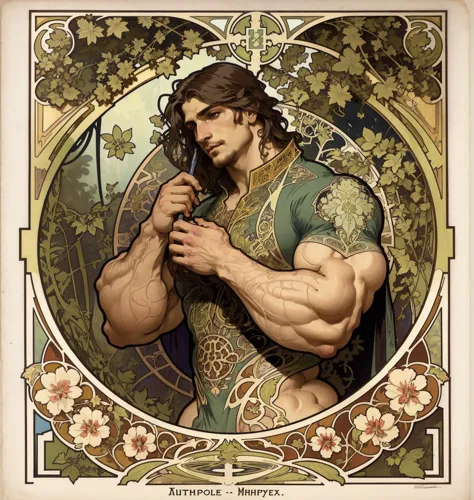 brutalmass, artwork by (Alphonse Mucha), masterpiece painting, illustration, Art Nouveau, foliage and vines, snapdragons, handsome young male, clean lines and brush strokes, intricate details, insane details, low contrast, bold natural colors