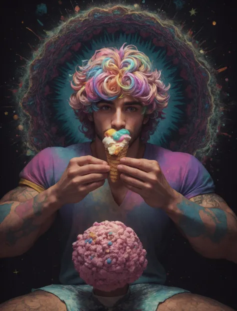 a man with a colorful wig eating a doughnut and a brain