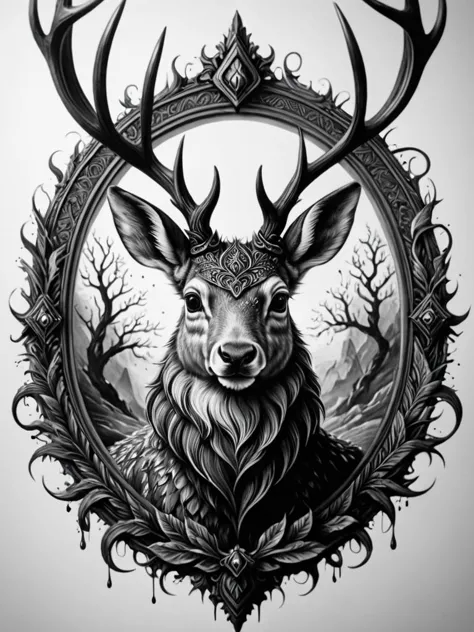 jackalope with mythical aura intricate details, symbols, abstract, realism, sharp focus, masterpiece, sharp details, sfw, illusionix, illusion, black ink