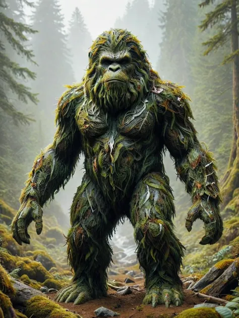 sasquatch with elusive nature made of grsw, intricate details, symbols, abstract, realism, sharp focus, masterpiece, sharp detai...