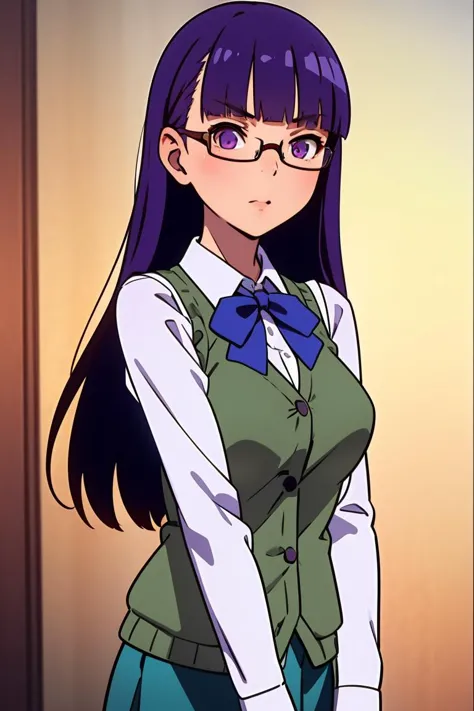 anime girl with glasses and a green vest and blue skirt