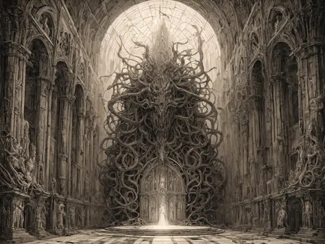 masterpiece, highly detailed drawing, a blasphemous monster floats inside  an intricate temple before the ruined statue of a dark god, light shining through full colored stained glass window above the altar, ominous signs and iconography, complex geometric patterns, clean lines, <lora:LLBretonXL2:0.7> llbreton, monochrome <lora:Peter_Gric_style_SDXL:0.8> Gric