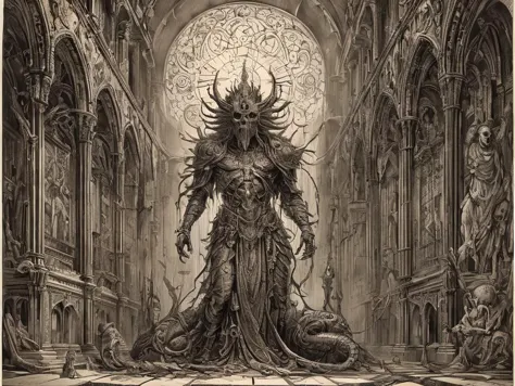 a drawing of a demonic creature standing in a large room