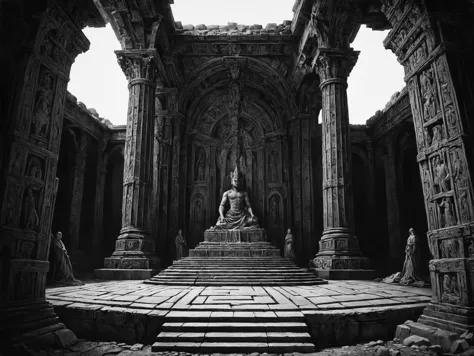 a black and white photo of a statue in a building