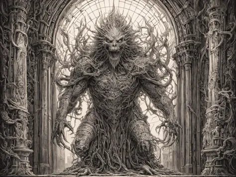 a black and white drawing of a giant creature in a doorway