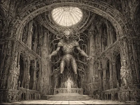 masterpiece, highly detailed drawing, a blasphemous monster floats inside  an intricate temple before the ruined statue of a dark god, light shining through full colored stained glass window above the altar, ominous signs and iconography, complex geometric patterns, clean lines, <lora:LLBretonXL2:0.7> llbreton, monochrome <lora:Peter_Gric_style_SDXL:0.8> Gric