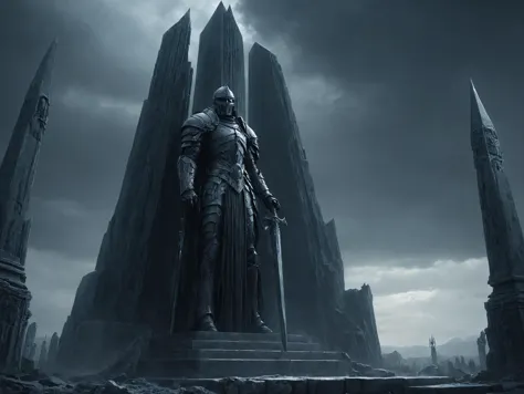 a man in armor stands in front of a castle with a giant statue